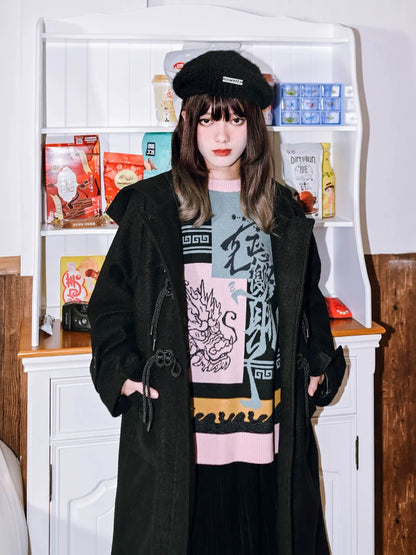 ラウンドスタイル チャイナカラー ネックニット ルーズ コントラスト ニューブロック