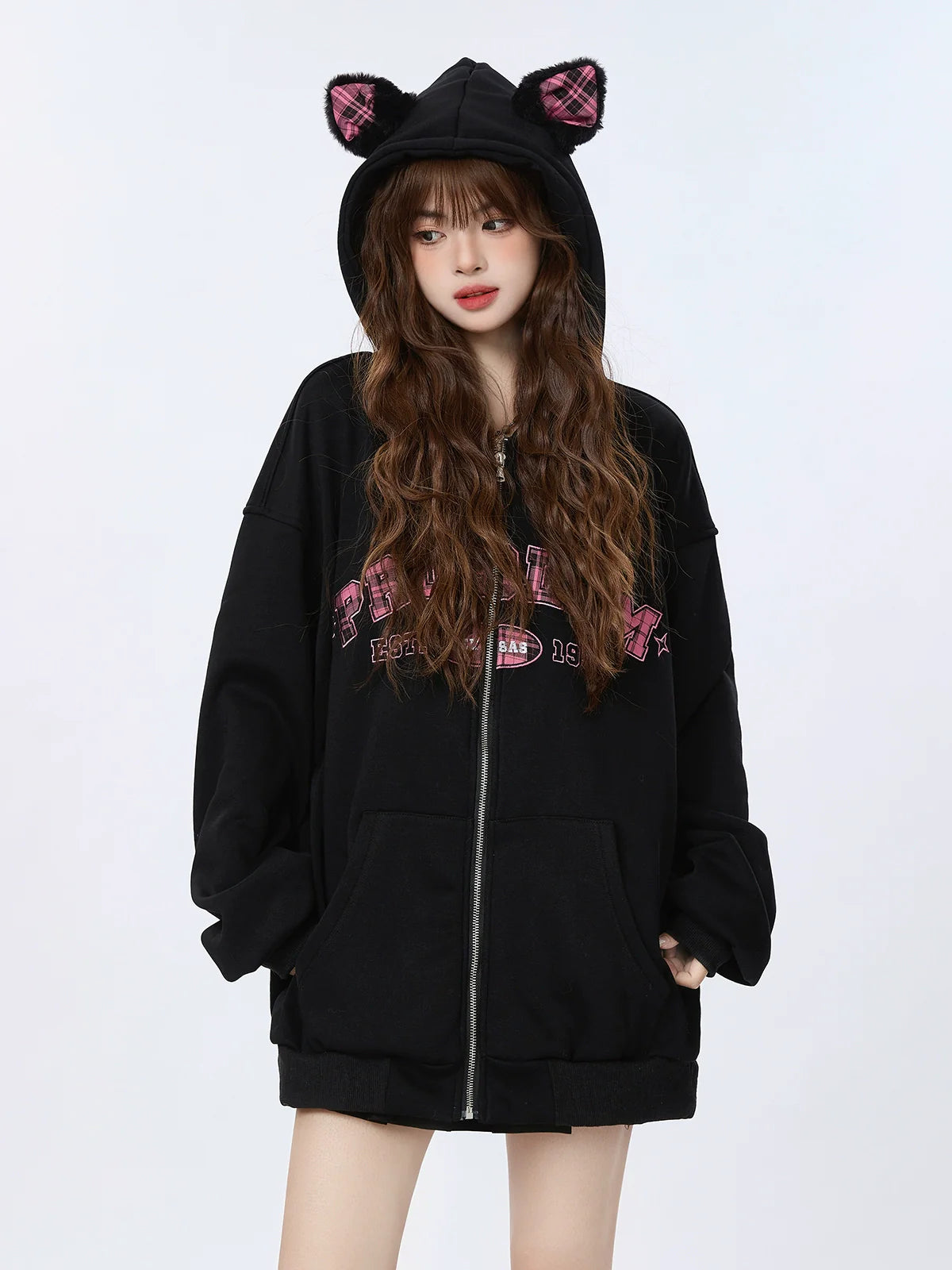 Sweat à capuche zippé en velours à carreaux avec oreilles Warmers