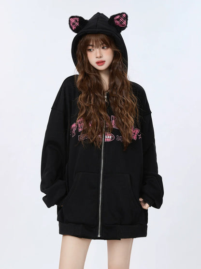 Sweat à capuche zippé en velours à carreaux avec oreilles Warmers