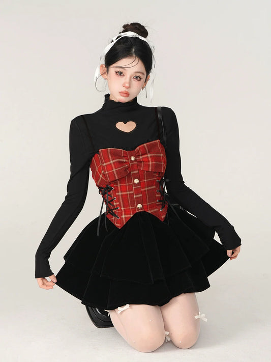 Check Side Lace-Up Skirt + Open Heart Knit