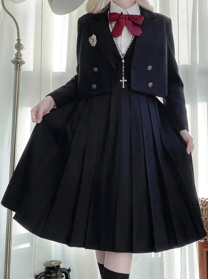 Hemdjacke Weißes Kleid Schwarzes Prinzessinnen-Kurzkleid Plissee-Stil College V-Ausschnitt