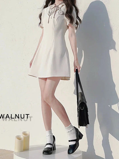 Style Dress Sleeve V-neck Emblem Shirt Badge Preppy Ribbon + Puff Ruffle