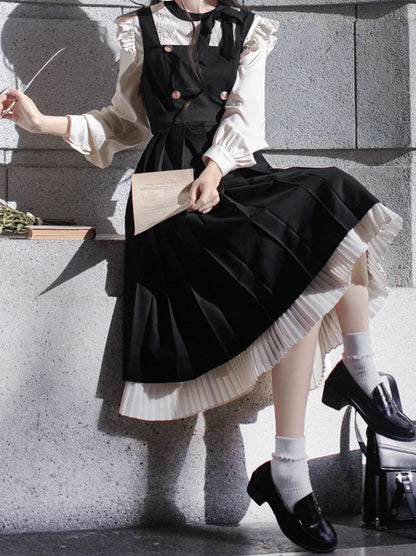 Pleated Ruffle Ribbon College Dress Shirt Accessories Retro Suspender + Elegant Layered Shoulder + Lace
