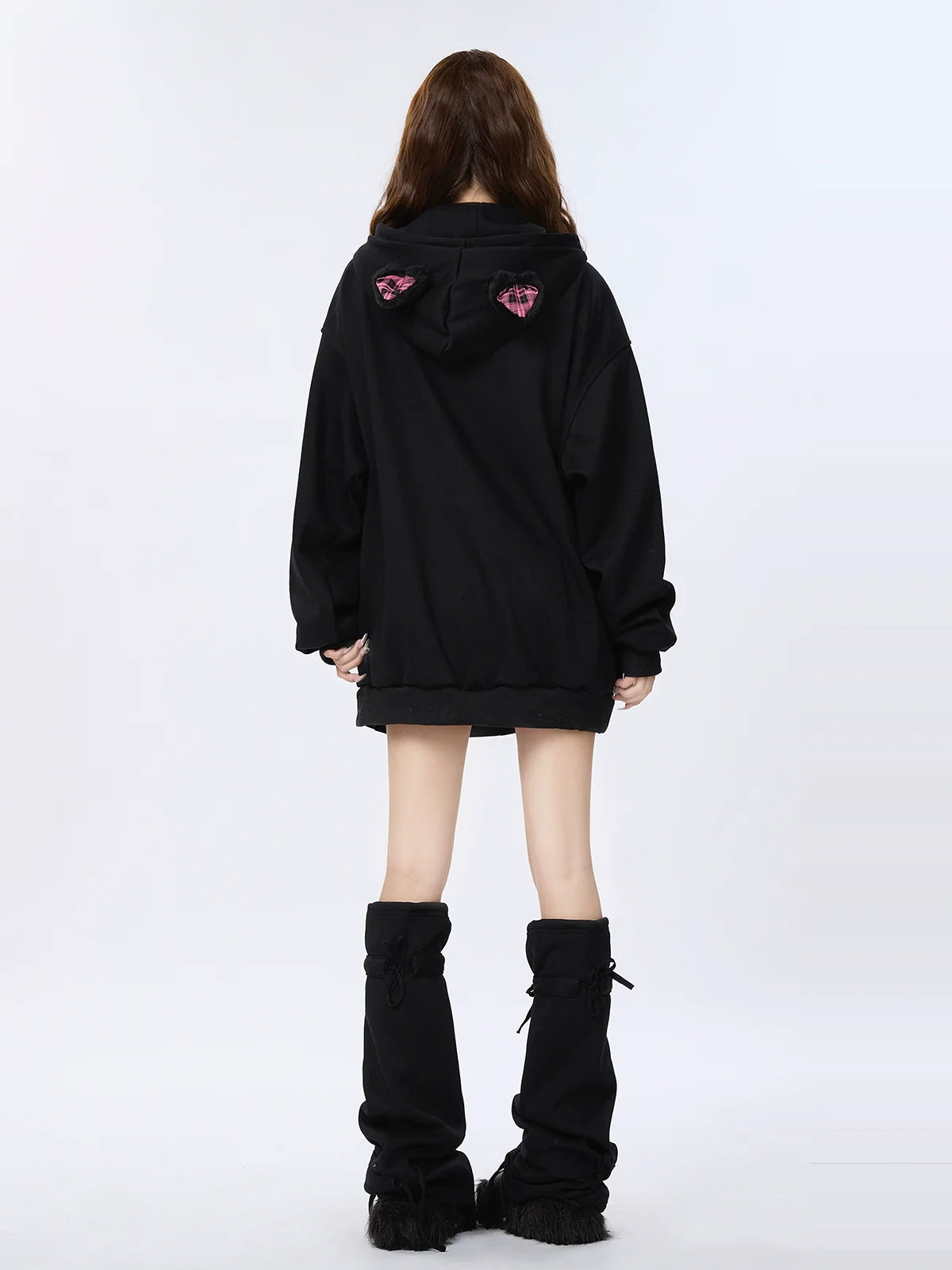 Sweat à capuche zippé en velours à carreaux avec oreilles Warmers