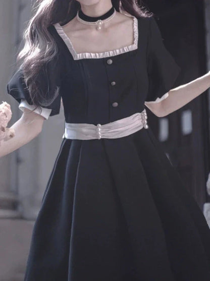 Square Black Pearl Waist Necklace French Collar Dress Black Ribbon Catsuit Retro