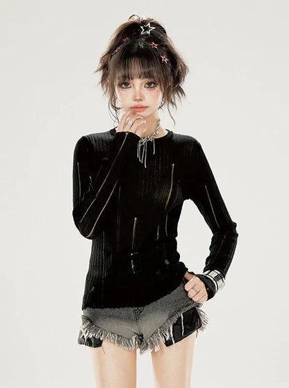 Slim Neck Ground Rippin Knit Irregular Top Summer