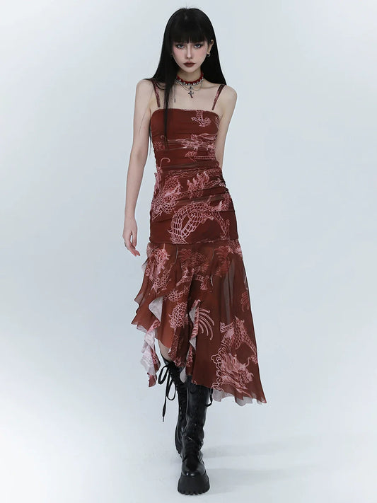 Dress Summer Asymmetrical Camisole Red Dark