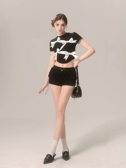 Short Black Ribbon Slim Niche T-Shirt