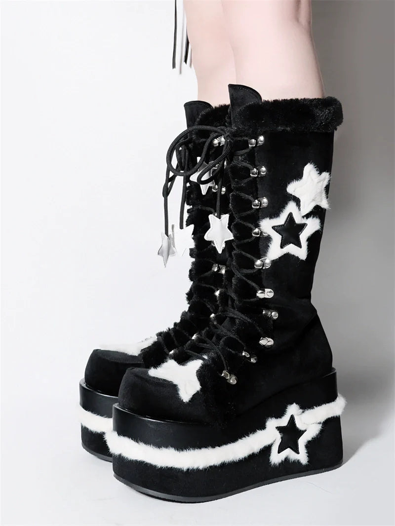Bottes de sous-culture Y2K à plateforme mi-haute en velours et étoile