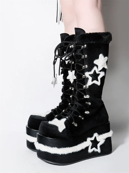 Bottes de sous-culture Y2K à plateforme mi-haute en velours et étoile