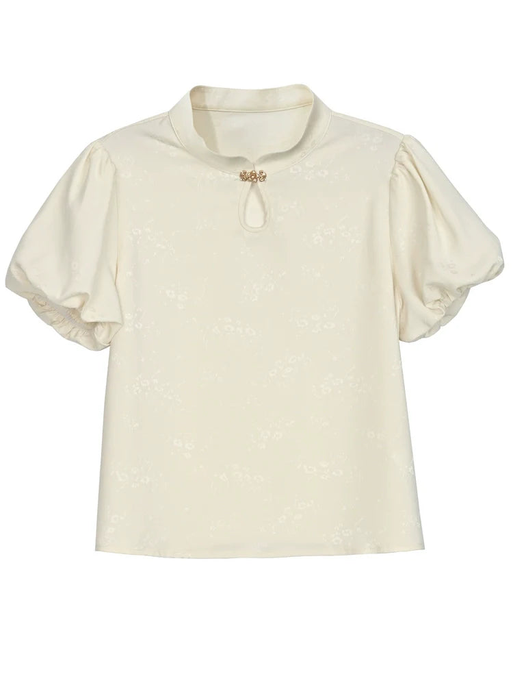 Chemise chinoise + jupe + gilet à manches bouffantes en jacquard