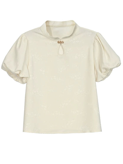 Chemise chinoise + jupe + gilet à manches bouffantes en jacquard