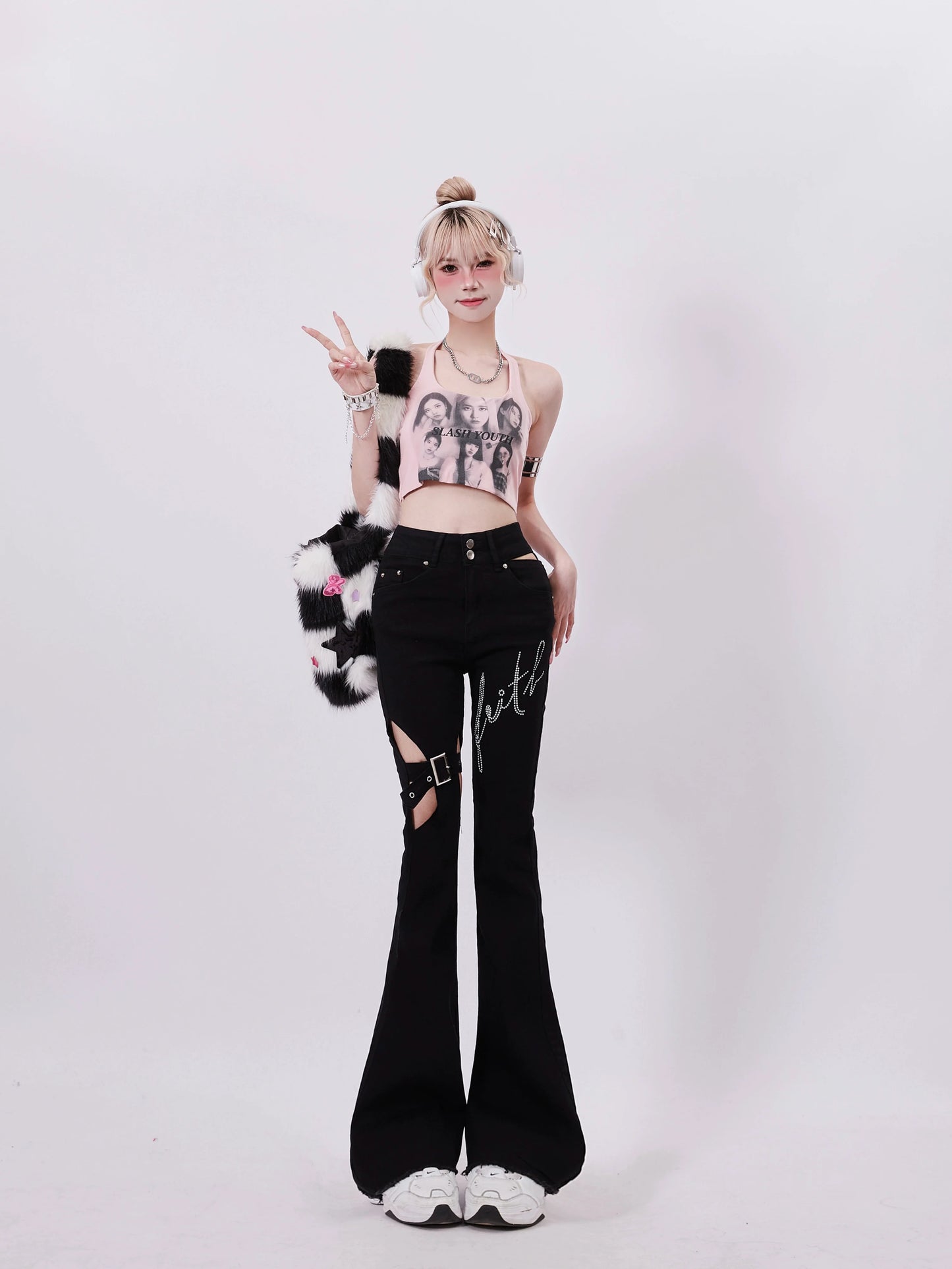 Open Pants Belt Dark Design Flared