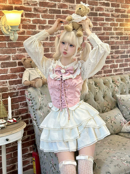 Gilet Fleur + Chemise Princesse + Jupe Gâteau Rose Fille