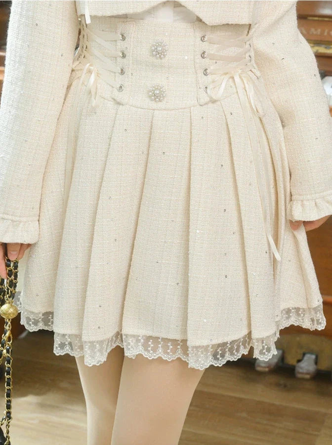 Ensemble + Jupe courte à volants Veste à lacets en tweed plissée
