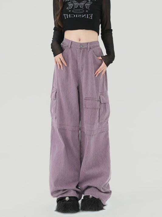 Pantalon cargo américain violet en denim rétro