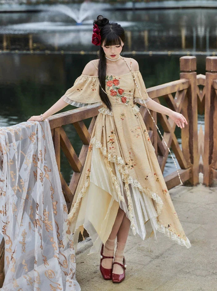 エレガントなストラップスクエアカラーローズオフショルダードレスイレギュラー