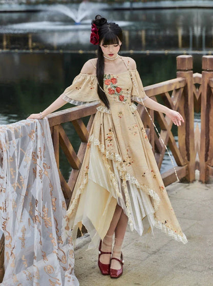 エレガントなストラップスクエアカラーローズオフショルダードレスイレギュラー