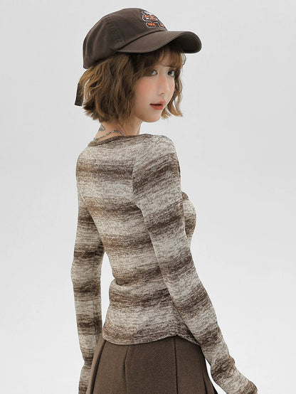 American Retro Knit Striped Cardigan Gradient