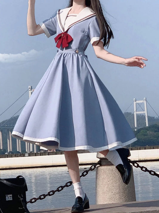 Color Sailor + Chamomile Ribbon Dress Elegant Blue Route Tie Gray