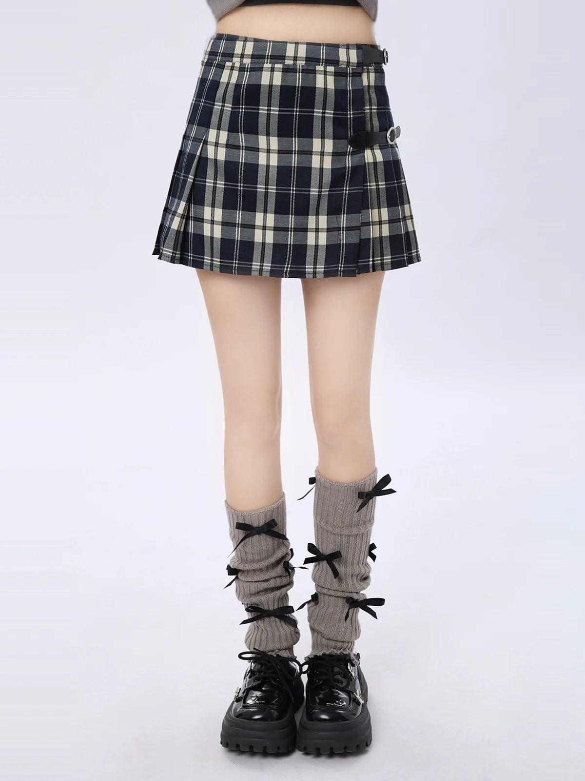 Buckle Leather Style Check Skirt College Retro