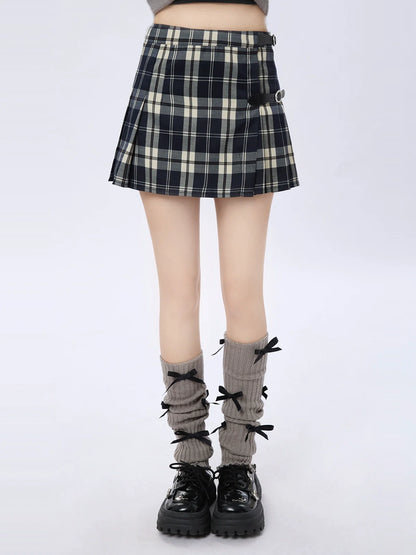 Buckle Leather Style Check Skirt College Retro