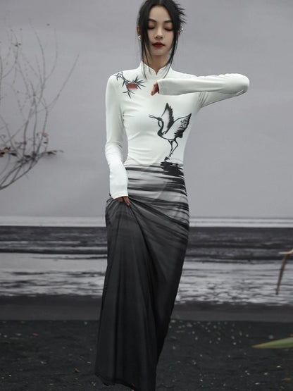 Long Dress Painting Knit Slim China Print Ink
