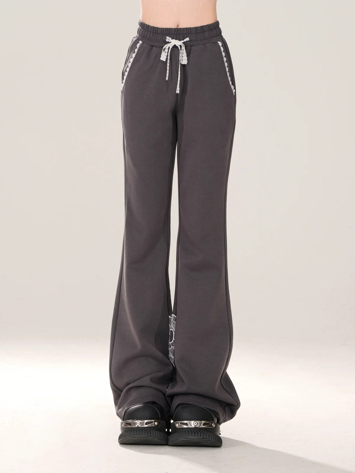 Niche Lace Design Casual Gray Ribbon Pants
