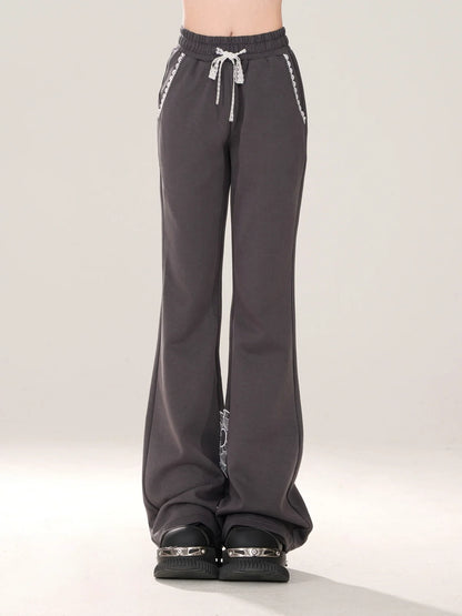Niche Lace Design Casual Gray Ribbon Pants