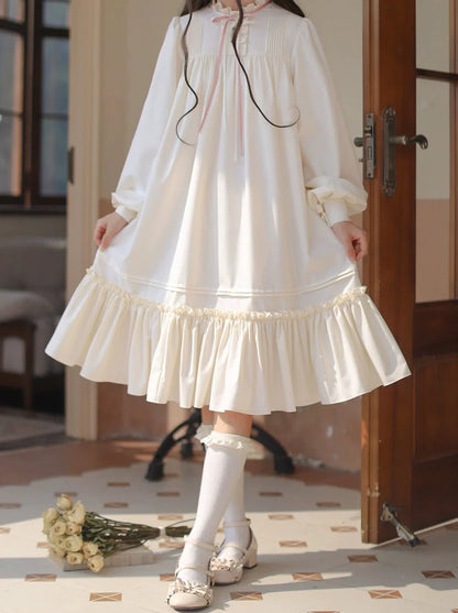 Manteau Lolita à col poupée + badge robe à volants blanc cassé + rose