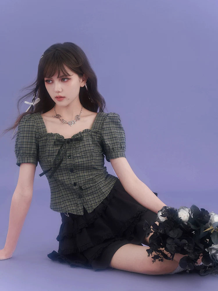 Check Girly Square Chic Neck Tops