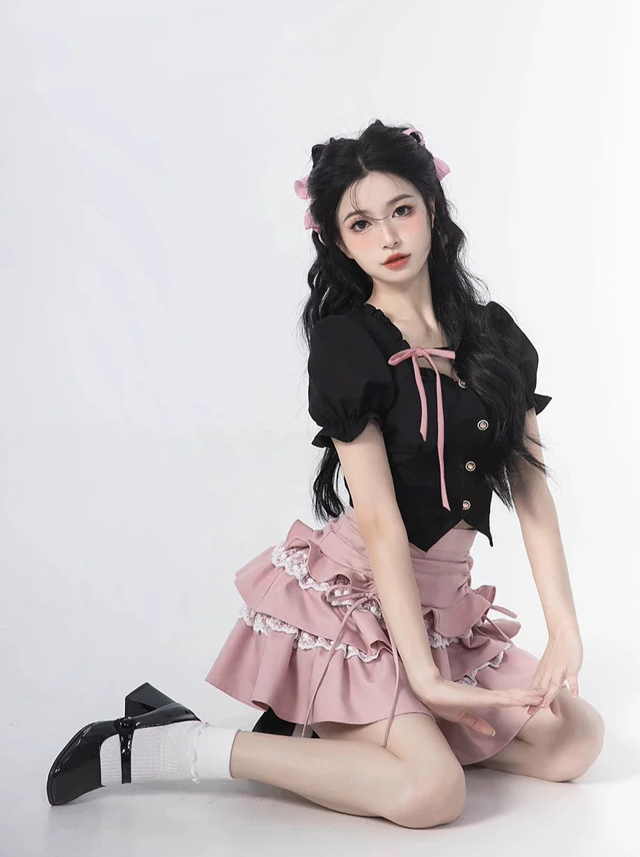 Sleeve + Skirt Cake Square Lace Top Ruffle Neck Puff