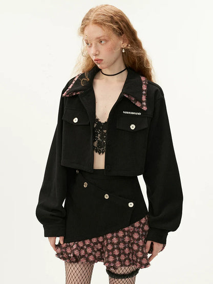 Jupe courte asymétrique fleurie + veste fleurie à col