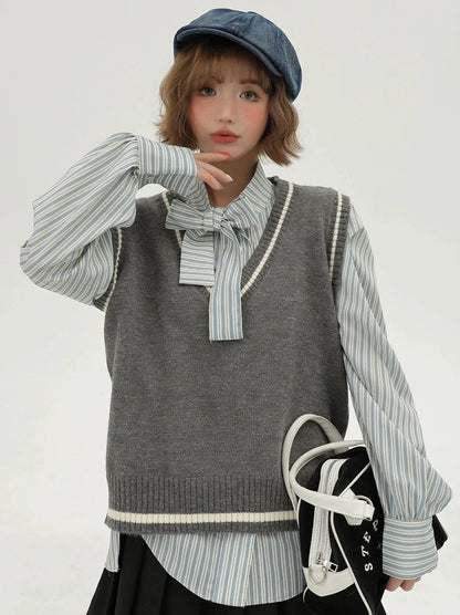 Gilet style coréen + chemise rayée à col en V