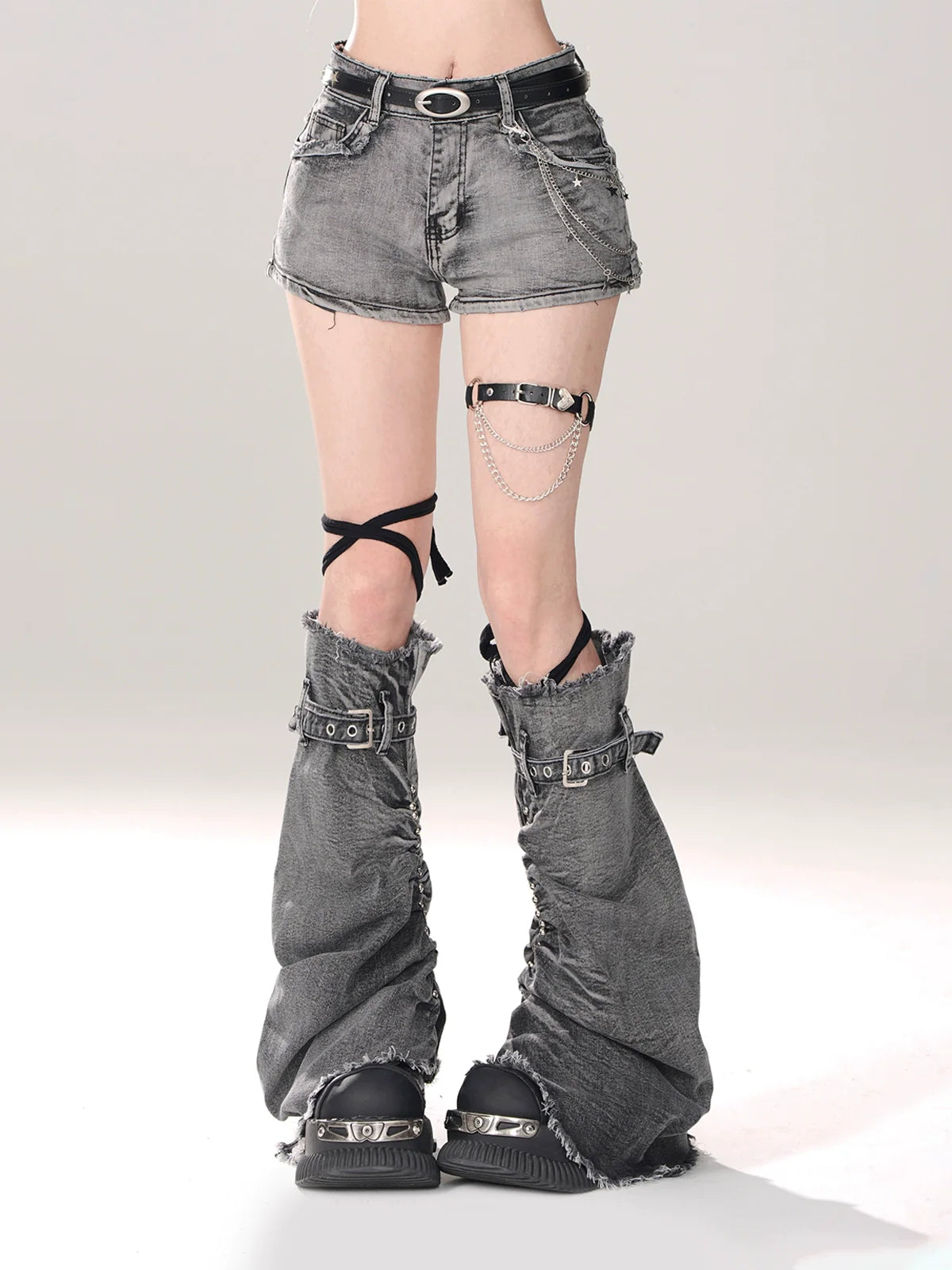 Leg Gray-and-blue + Denim Shorts A-line warmers