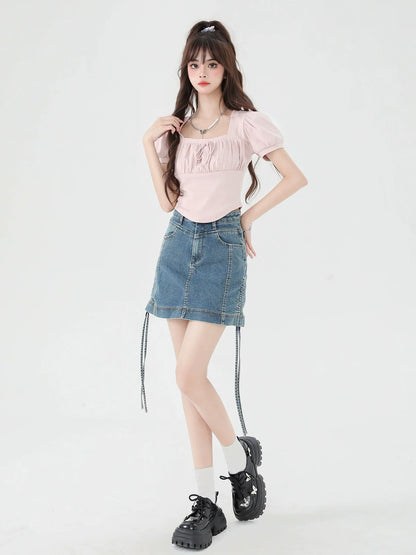 Neck Puff Square Short Top Sleeve