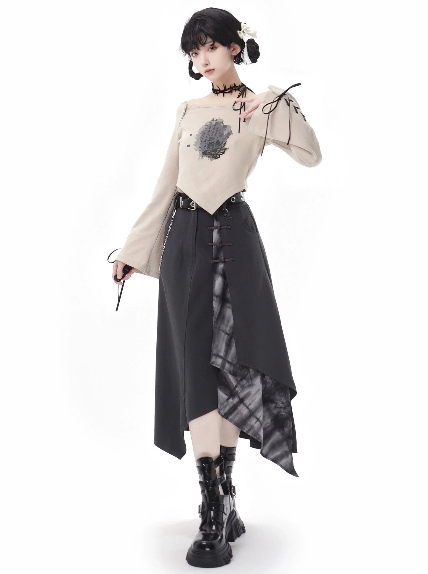 Lace-up + Sleeve + Top Skirt Pants Beige Irregular Wide