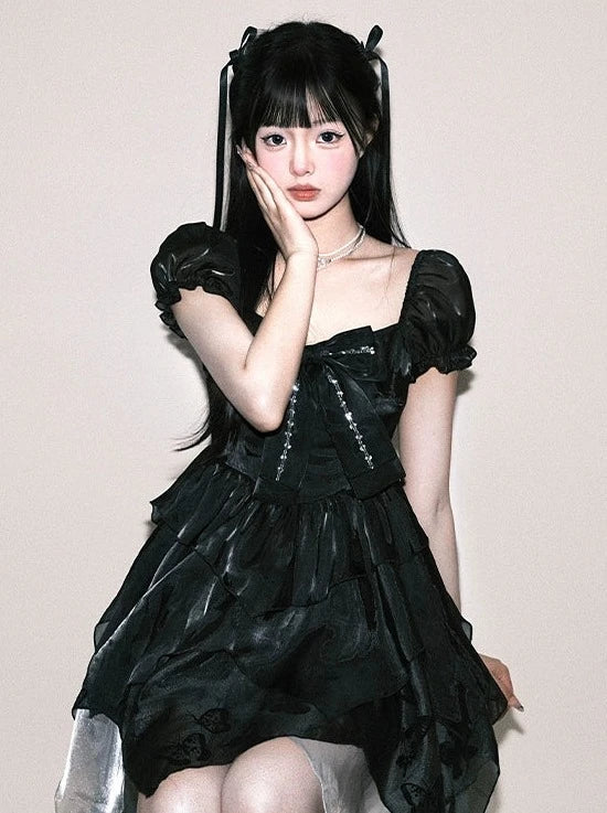 Sleeveless Bow Black Puff Ribbon Dress