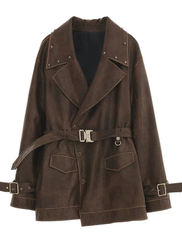 Veste en cuir mode endommagée + jupe moyenne + manteau en cuir avec ceinture