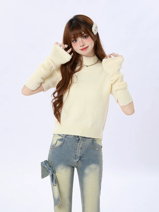 Sweater Knit Turtleneck Piece Tops Half Two