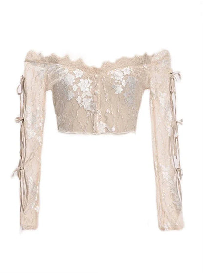 Court Strap Lace Ballet Cardigan Tops Crochet Sleeve Inner Off-Shoulder