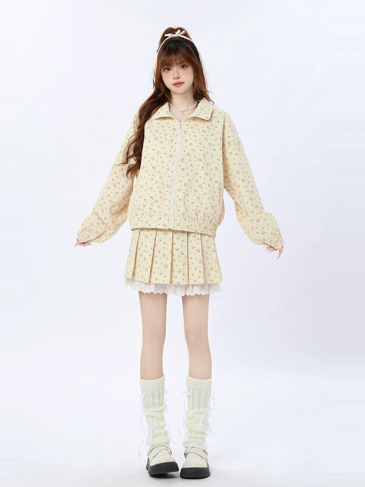 Veste en dentelle plissée zippée, petite, courte/longue + jupe roulée
