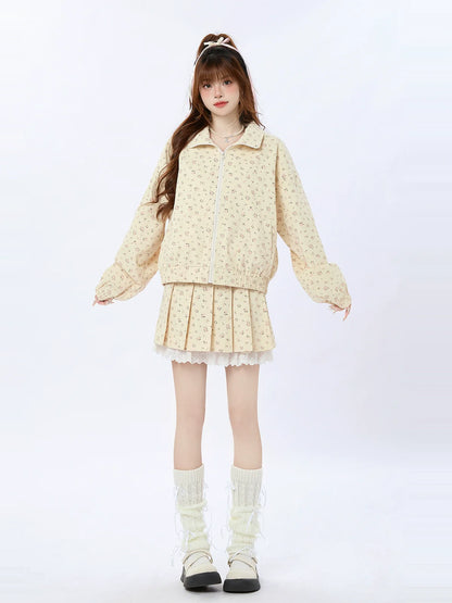 Veste en dentelle plissée zippée, petite, courte/longue + jupe roulée