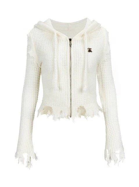 Zip-Up Logo One Point Hoodie Damage Knit Hooded