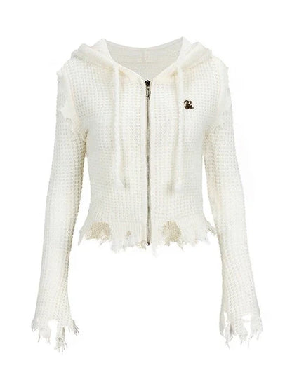 Zip-Up Logo One Point Hoodie Damage Knit Hooded