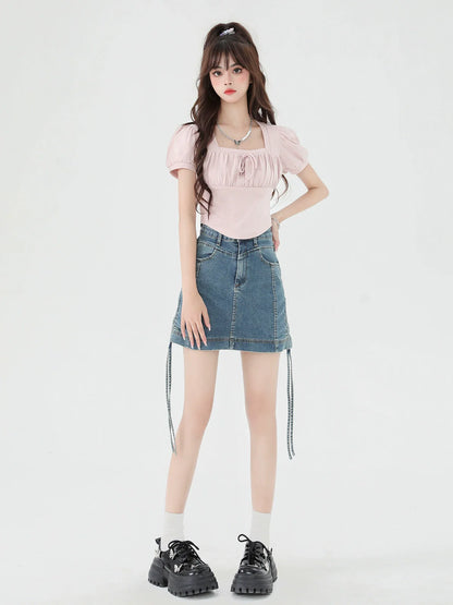 Neck Puff Square Short Top Sleeve