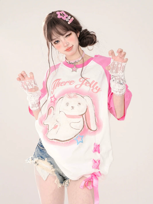 Raglan Neues T-Shirt Rosa Blau Lose Kaninchen und Design