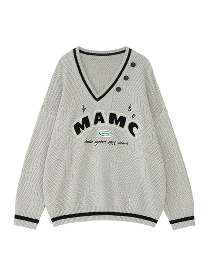 Vネッククールオーバーニットロゴ
