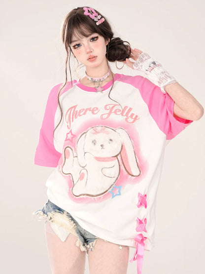 Raglan New T-Shirt Pink Blue Loose Rabbit and Design