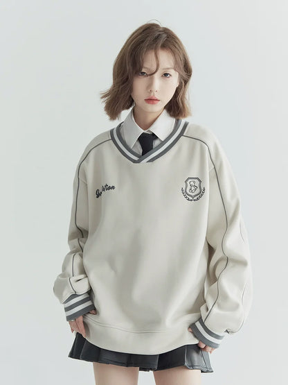 V-Ausschnitt Casual Top Beflockt Locker Sportlich